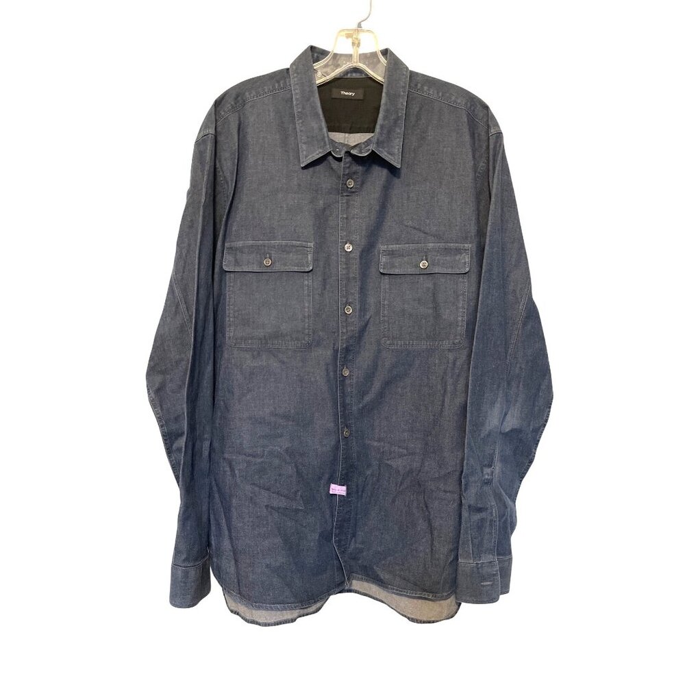 Theory Mens XXL Long Sleeve Denim-Look Button-Up Shirt In Navy Blue